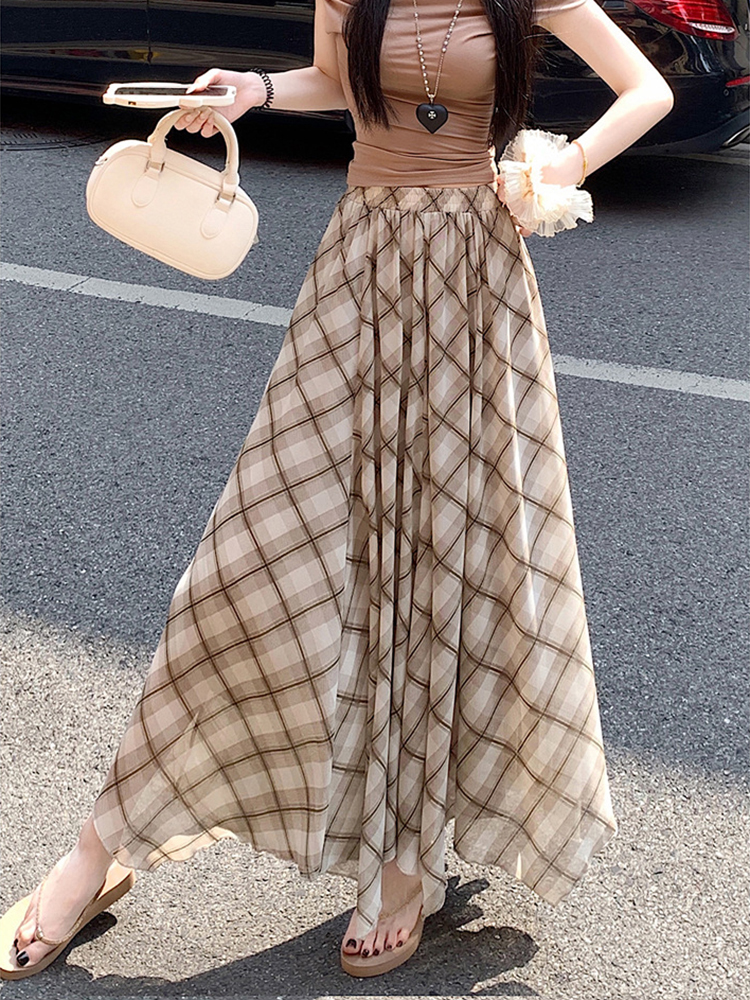 Women's Retro Color-Blocking Plaid A-Line Midi Skirt with Irregular Hem, Summer Loose Fit Elastic Waist Women's Retro Color-Blocking Plaid A-Line Midi Skirt with Irregular Hem, Summer Loose Fit Elastic Waist