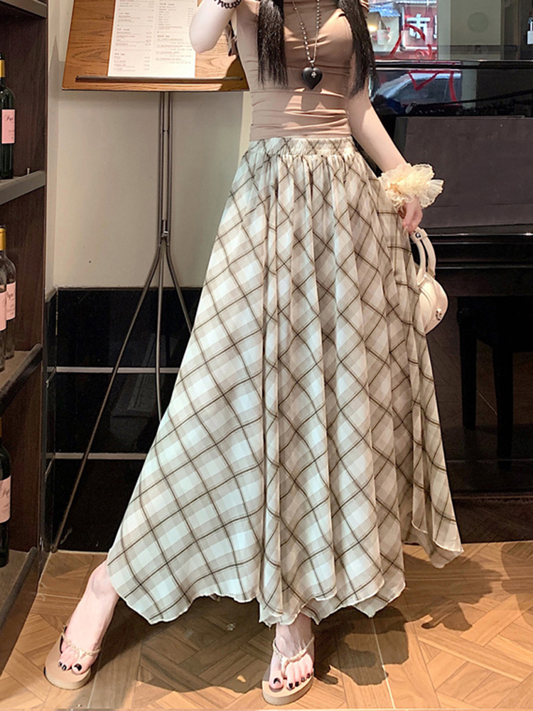 Women's Retro Color-Blocking Plaid A-Line Midi Skirt with Irregular Hem, Summer Loose Fit Elastic Waist Women's Retro Color-Blocking Plaid A-Line Midi Skirt with Irregular Hem, Summer Loose Fit Elastic Waist