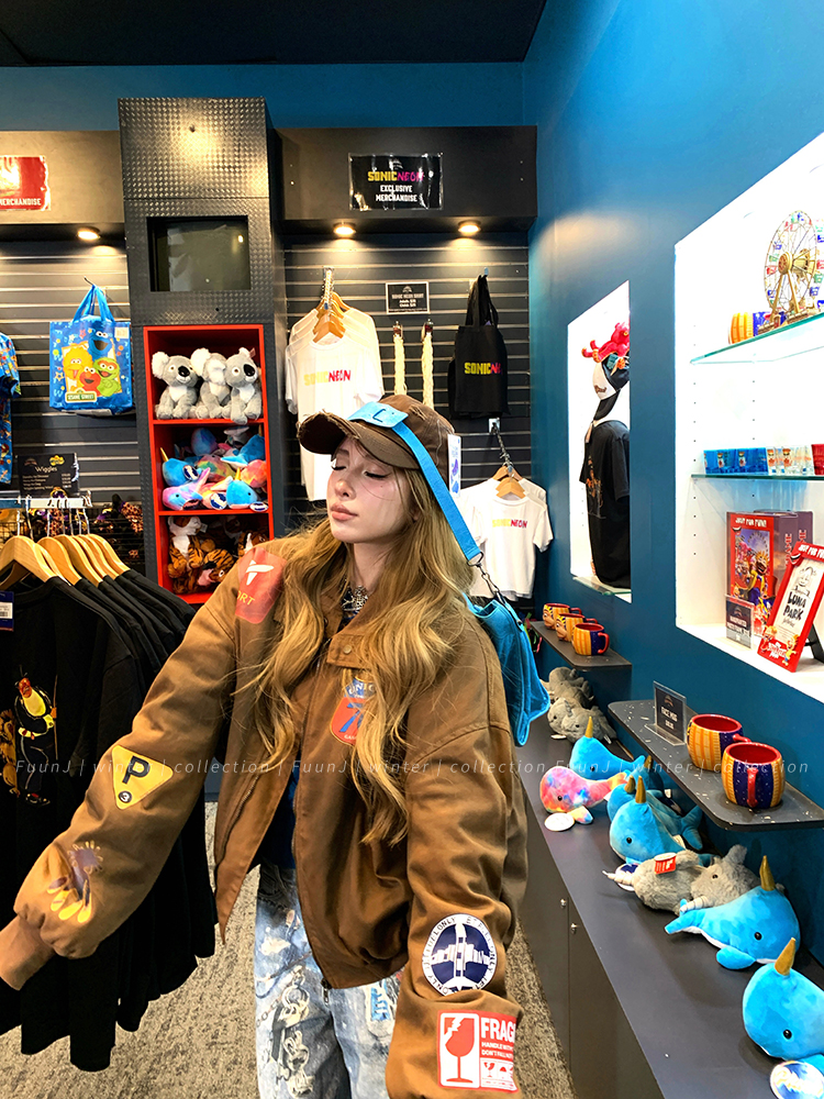 Women's Retro Flight Jacket - Loose Cotton-Padded Denim Coat, American Sweetheart Style, Winter Baseball Jacket Women's Retro Flight Jacket - Loose Cotton-Padded Denim Coat, American Sweetheart Style, Winter Baseball Jacket