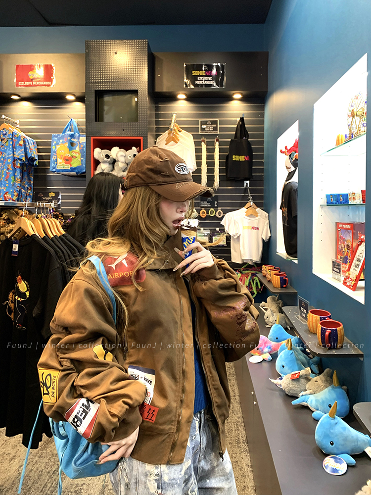 Women's Retro Flight Jacket - Loose Cotton-Padded Denim Coat, American Sweetheart Style, Winter Baseball Jacket Women's Retro Flight Jacket - Loose Cotton-Padded Denim Coat, American Sweetheart Style, Winter Baseball Jacket