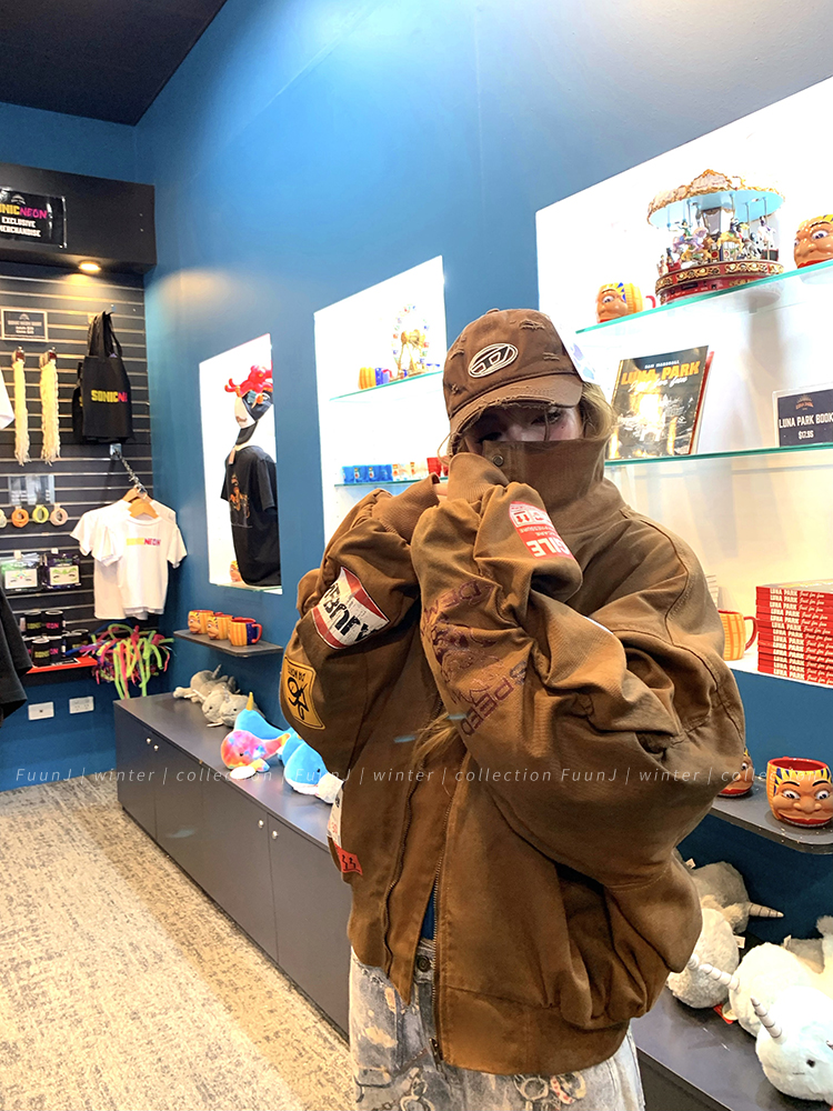 Women's Retro Flight Jacket - Loose Cotton-Padded Denim Coat, American Sweetheart Style, Winter Baseball Jacket Women's Retro Flight Jacket - Loose Cotton-Padded Denim Coat, American Sweetheart Style, Winter Baseball Jacket