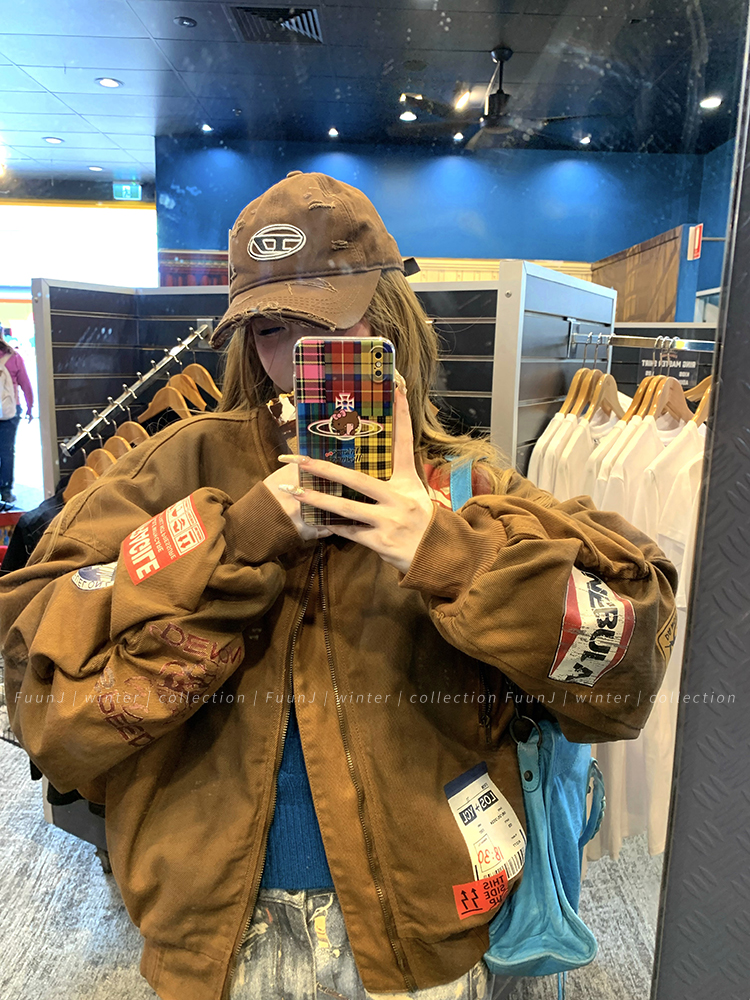 Women's Retro Flight Jacket - Loose Cotton-Padded Denim Coat, American Sweetheart Style, Winter Baseball Jacket Women's Retro Flight Jacket - Loose Cotton-Padded Denim Coat, American Sweetheart Style, Winter Baseball Jacket