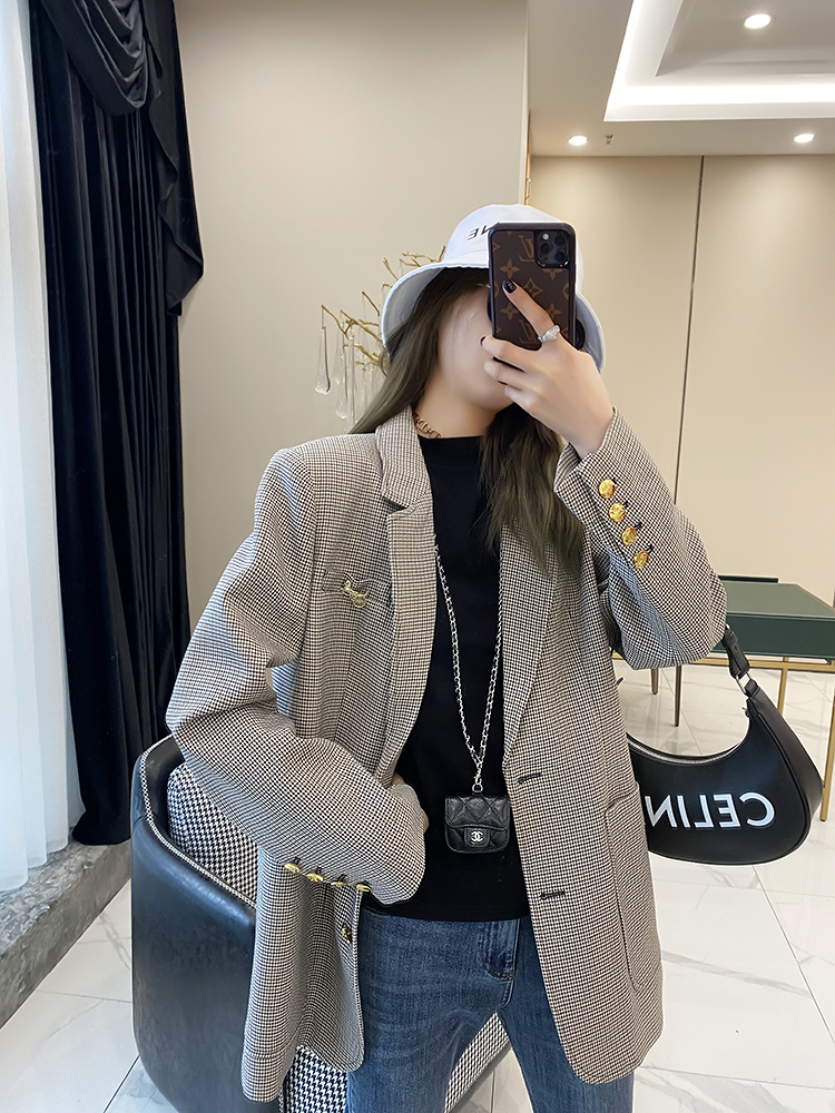 Women's Retro Plaid Suit Jacket - European Style, Lapel Design, Autumn Fashion, Classic British Temperament
