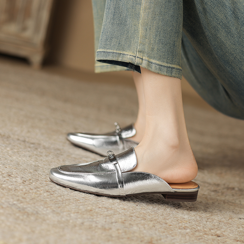 Women's Retro Slip-On Open-Toe Half Slippers - Summer Flat Soft Genuine Leather Mules with Metal Buckle Women's Retro Slip-On Open-Toe Half Slippers - Summer Flat Soft Genuine Leather Mules with Metal Buckle