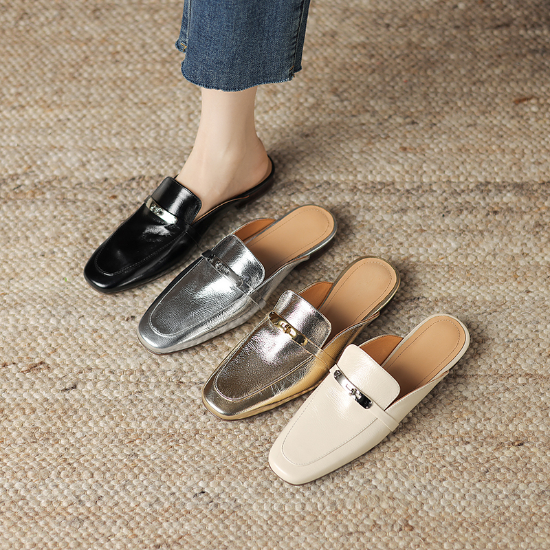 Women's Retro Slip-On Open-Toe Half Slippers - Summer Flat Soft Genuine Leather Mules with Metal Buckle Women's Retro Slip-On Open-Toe Half Slippers - Summer Flat Soft Genuine Leather Mules with Metal Buckle
