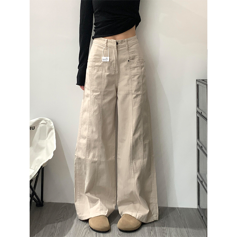 Women's Retro Wide-Leg Denim Work Pants - American Style, Loose Fit, Summer Design, Draped Straight-Leg, Casual Vintage Fashion