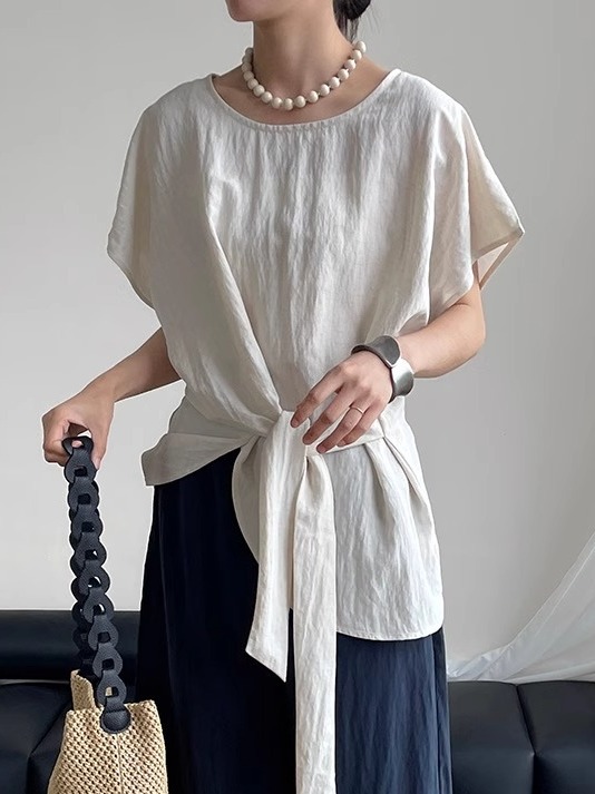 Women's Round Neck Waist-Tied Short Sleeve Shirt with Flutter Sleeves - 2025 Summer Trendy Top for a Unique Temperament Women's Round Neck Waist-Tied Short Sleeve Shirt with Flutter Sleeves - 2025 Summer Trendy Top for a Unique Temperament