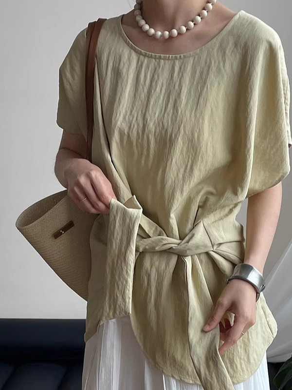Women's Round Neck Waist-Tied Short Sleeve Shirt with Flutter Sleeves - 2025 Summer Trendy Top for a Unique Temperament Women's Round Neck Waist-Tied Short Sleeve Shirt with Flutter Sleeves - 2025 Summer Trendy Top for a Unique Temperament