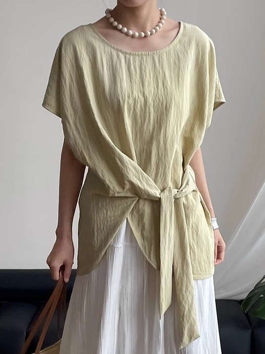 Women's Round Neck Waist-Tied Short Sleeve Shirt with Flutter Sleeves - 2025 Summer Trendy Top for a Unique Temperament Women's Round Neck Waist-Tied Short Sleeve Shirt with Flutter Sleeves - 2025 Summer Trendy Top for a Unique Temperament