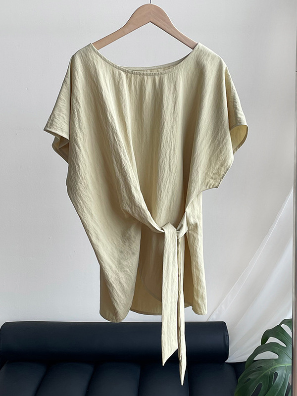 Women's Round Neck Waist-Tied Short Sleeve Shirt with Flutter Sleeves - 2025 Summer Trendy Top for a Unique Temperament Women's Round Neck Waist-Tied Short Sleeve Shirt with Flutter Sleeves - 2025 Summer Trendy Top for a Unique Temperament
