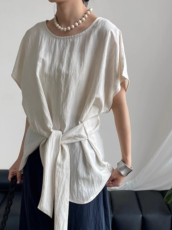Women's Round Neck Waist-Tied Short Sleeve Shirt with Flutter Sleeves - 2025 Summer Trendy Top for a Unique Temperament