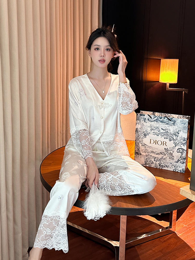 Women's Sexy Button Ice Silk Pajama Set - Chinese Style National Wind Homewear for Spring & Autumn, Comfortable Summer Sleepwear Women's Sexy Button Ice Silk Pajama Set - Chinese Style National Wind Homewear for Spring & Autumn, Comfortable Summer Sleepwear