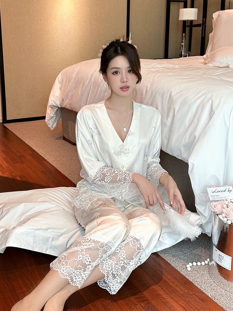 Women's Sexy Button Ice Silk Pajama Set - Chinese Style National Wind Homewear for Spring & Autumn, Comfortable Summer Sleepwear Women's Sexy Button Ice Silk Pajama Set - Chinese Style National Wind Homewear for Spring & Autumn, Comfortable Summer Sleepwear