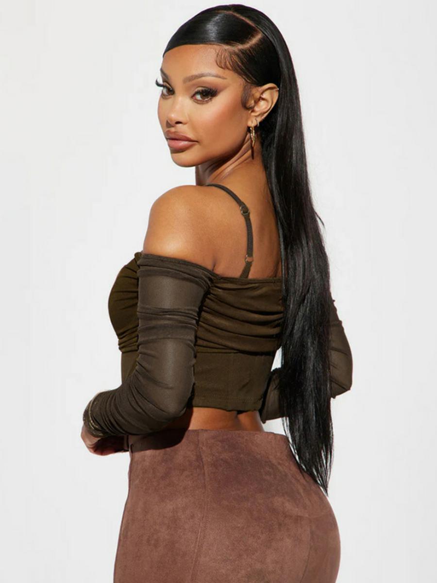 Women's Sexy Mesh See-Through Off-the-Shoulder Long Sleeve Irregular Waist-Cinching Fitted Top T-Shirt - Y2K Style Women's Sexy Mesh See-Through Off-the-Shoulder Long Sleeve Irregular Waist-Cinching Fitted Top T-Shirt - Y2K Style