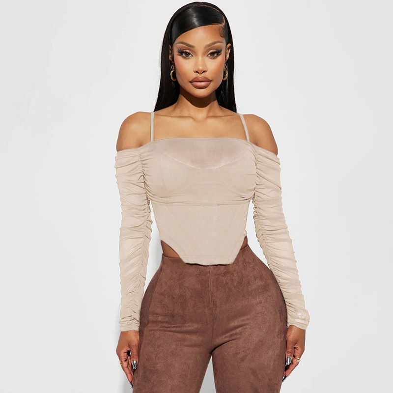 Women's Sexy Mesh See-Through Off-the-Shoulder Long Sleeve Irregular Waist-Cinching Fitted Top T-Shirt - Y2K Style Women's Sexy Mesh See-Through Off-the-Shoulder Long Sleeve Irregular Waist-Cinching Fitted Top T-Shirt - Y2K Style