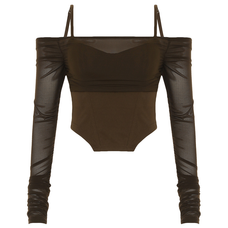 Women's Sexy Mesh See-Through Off-the-Shoulder Long Sleeve Irregular Waist-Cinching Fitted Top T-Shirt - Y2K Style