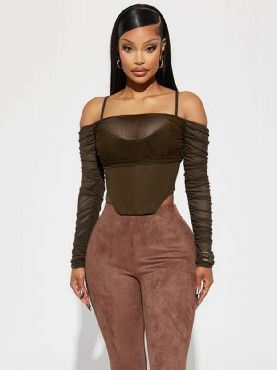 Women's Sexy Mesh See-Through Off-the-Shoulder Long Sleeve Irregular Waist-Cinching Fitted Top T-Shirt - Y2K Style Women's Sexy Mesh See-Through Off-the-Shoulder Long Sleeve Irregular Waist-Cinching Fitted Top T-Shirt - Y2K Style