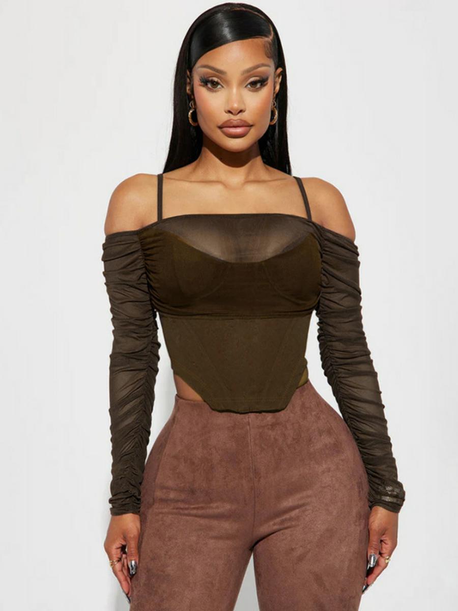 Women's Sexy Mesh See-Through Off-the-Shoulder Long Sleeve Irregular Waist-Cinching Fitted Top T-Shirt - Y2K Style