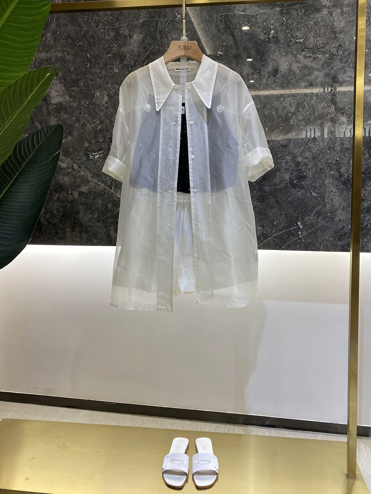 Women's Sheer Silk Mid-Length Shirt and Elastic Waist Shorts Set with Letter Print - Summer European Fashion Outfit Women's Sheer Silk Mid-Length Shirt and Elastic Waist Shorts Set with Letter Print - Summer European Fashion Outfit