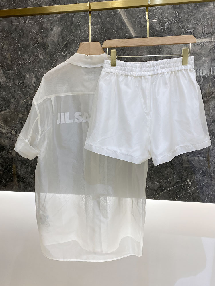Women's Sheer Silk Mid-Length Shirt and Elastic Waist Shorts Set with Letter Print - Summer European Fashion Outfit Women's Sheer Silk Mid-Length Shirt and Elastic Waist Shorts Set with Letter Print - Summer European Fashion Outfit