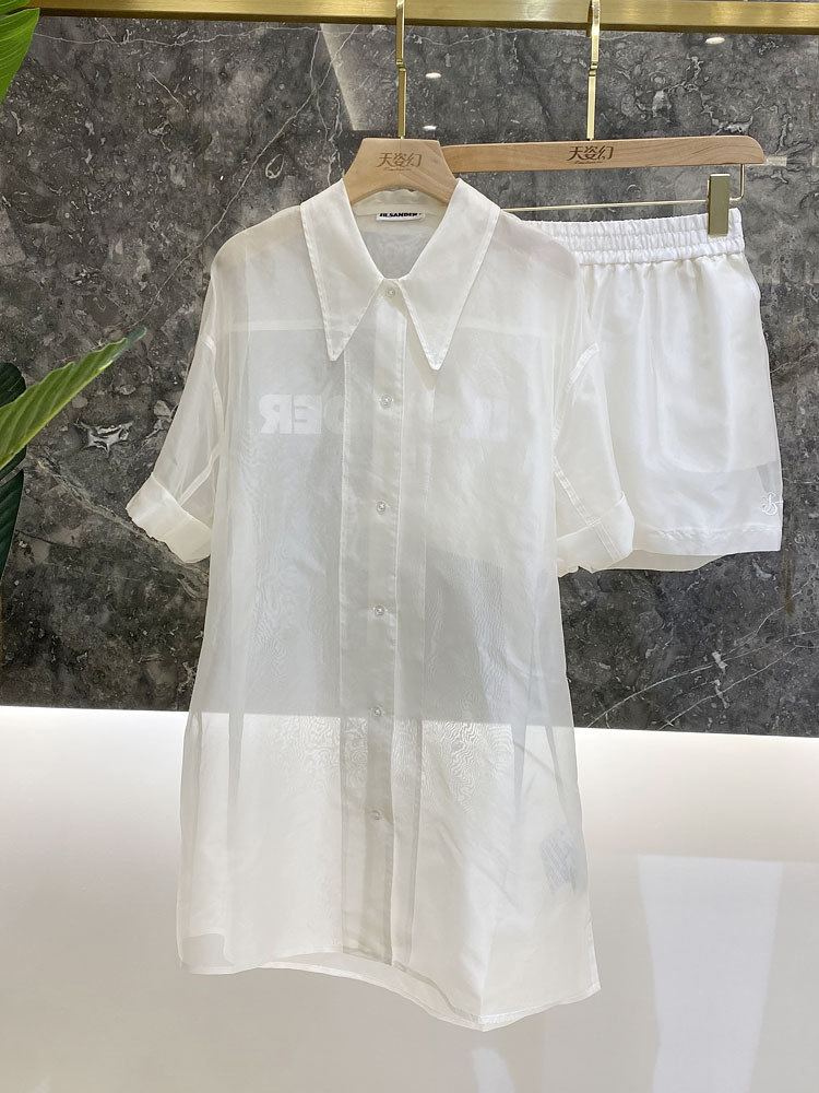 Women's Sheer Silk Mid-Length Shirt and Elastic Waist Shorts Set with Letter Print - Summer European Fashion Outfit Women's Sheer Silk Mid-Length Shirt and Elastic Waist Shorts Set with Letter Print - Summer European Fashion Outfit