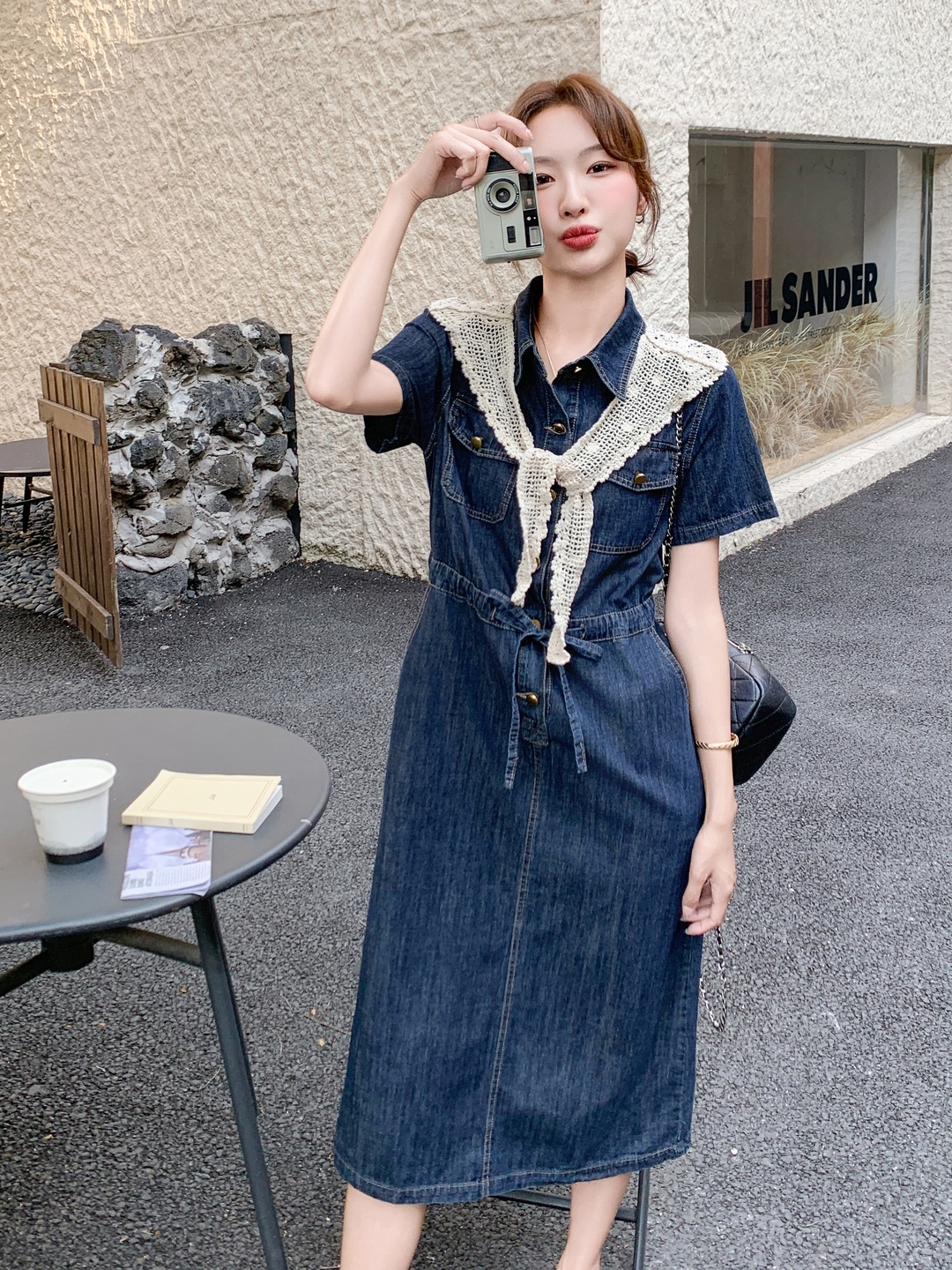 Women's Short Sleeve Denim Dress 2025 with Lace Shawl, Drawstring Waist, Slimming Summer Style Women's Short Sleeve Denim Dress 2025 with Lace Shawl, Drawstring Waist, Slimming Summer Style