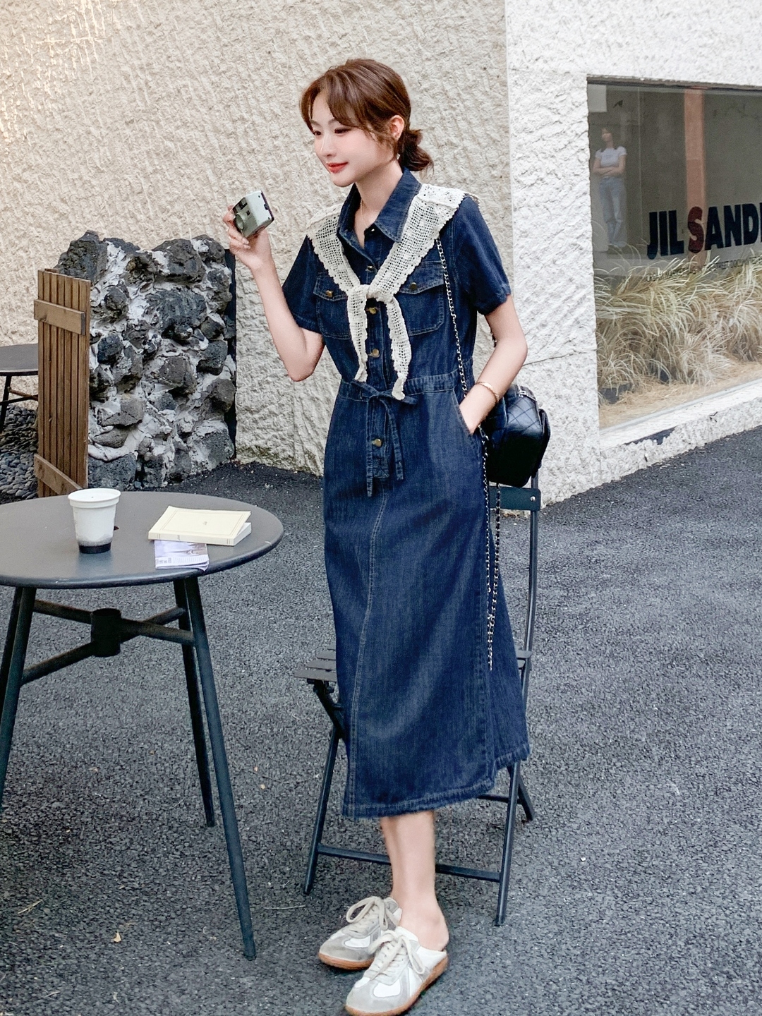 Women's Short Sleeve Denim Dress 2025 with Lace Shawl, Drawstring Waist, Slimming Summer Style Women's Short Sleeve Denim Dress 2025 with Lace Shawl, Drawstring Waist, Slimming Summer Style