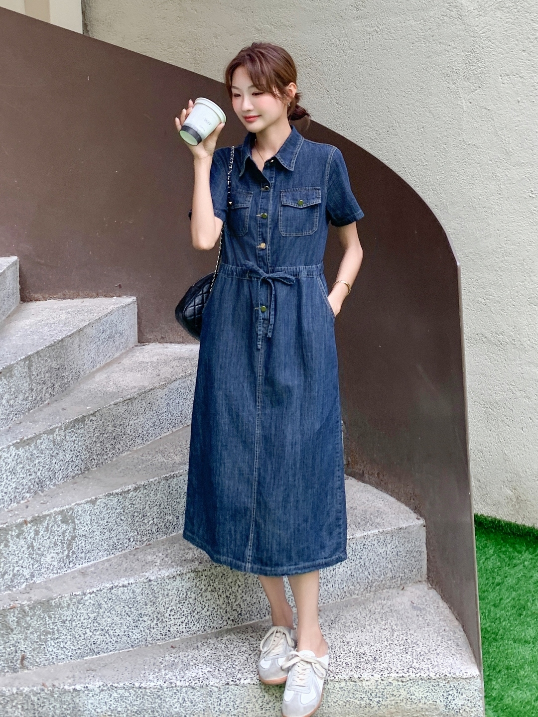 Women's Short Sleeve Denim Dress 2025 with Lace Shawl, Drawstring Waist, Slimming Summer Style Women's Short Sleeve Denim Dress 2025 with Lace Shawl, Drawstring Waist, Slimming Summer Style