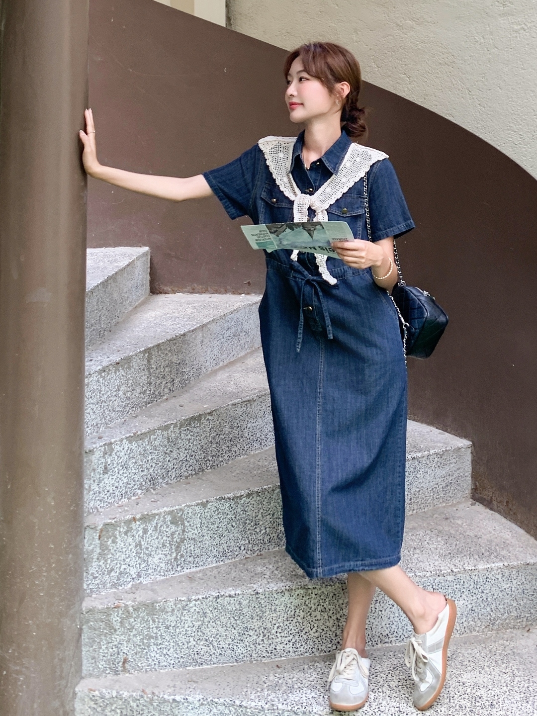 Women's Short Sleeve Denim Dress 2025 with Lace Shawl, Drawstring Waist, Slimming Summer Style Women's Short Sleeve Denim Dress 2025 with Lace Shawl, Drawstring Waist, Slimming Summer Style