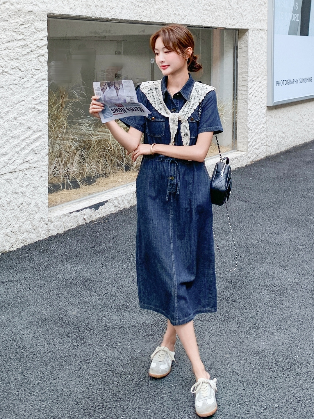 Women's Short Sleeve Denim Dress 2025 with Lace Shawl, Drawstring Waist, Slimming Summer Style Women's Short Sleeve Denim Dress 2025 with Lace Shawl, Drawstring Waist, Slimming Summer Style