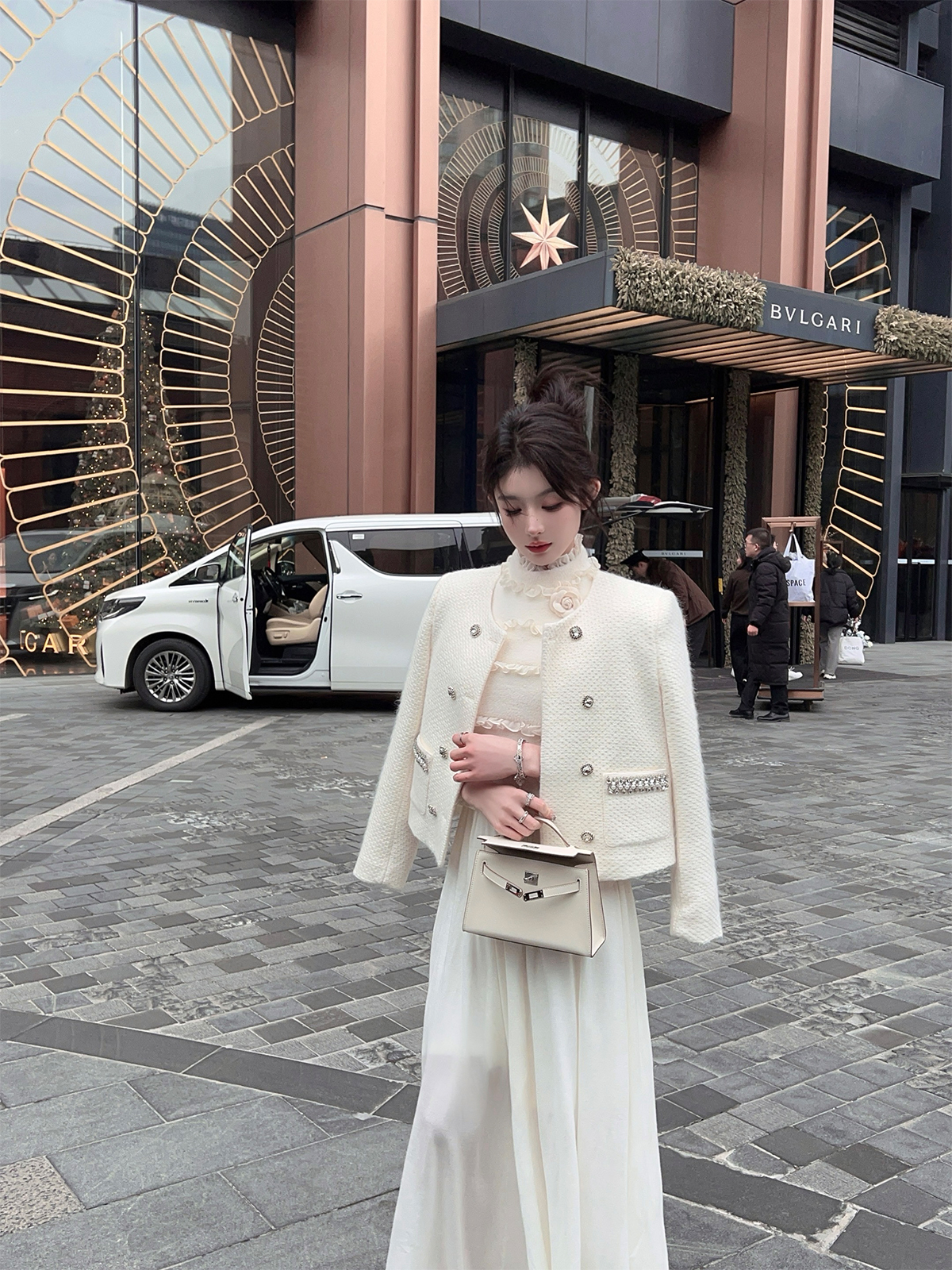 Women's Short Thick Wool Coat with Down Inner Lining - White Knitted Winter Jacket, Cozy Fragrant Design Women's Short Thick Wool Coat with Down Inner Lining - White Knitted Winter Jacket, Cozy Fragrant Design