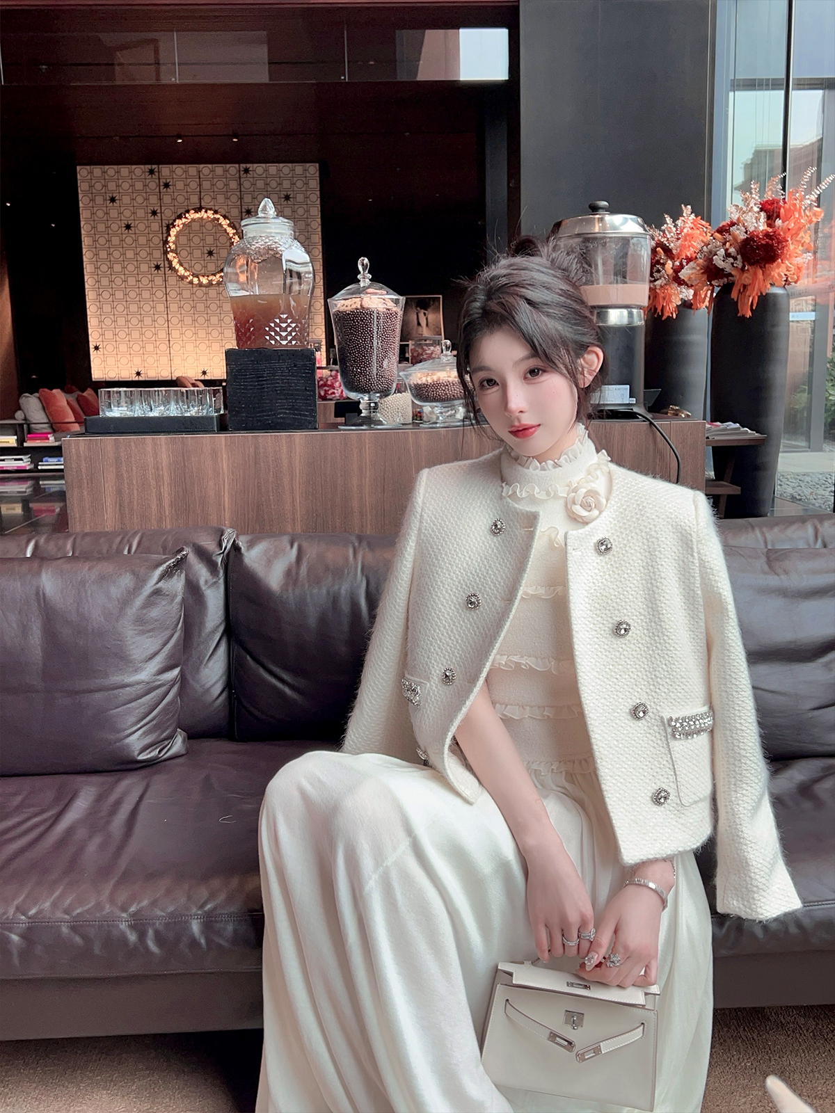 Women's Short Thick Wool Coat with Down Inner Lining - White Knitted Winter Jacket, Cozy Fragrant Design Women's Short Thick Wool Coat with Down Inner Lining - White Knitted Winter Jacket, Cozy Fragrant Design