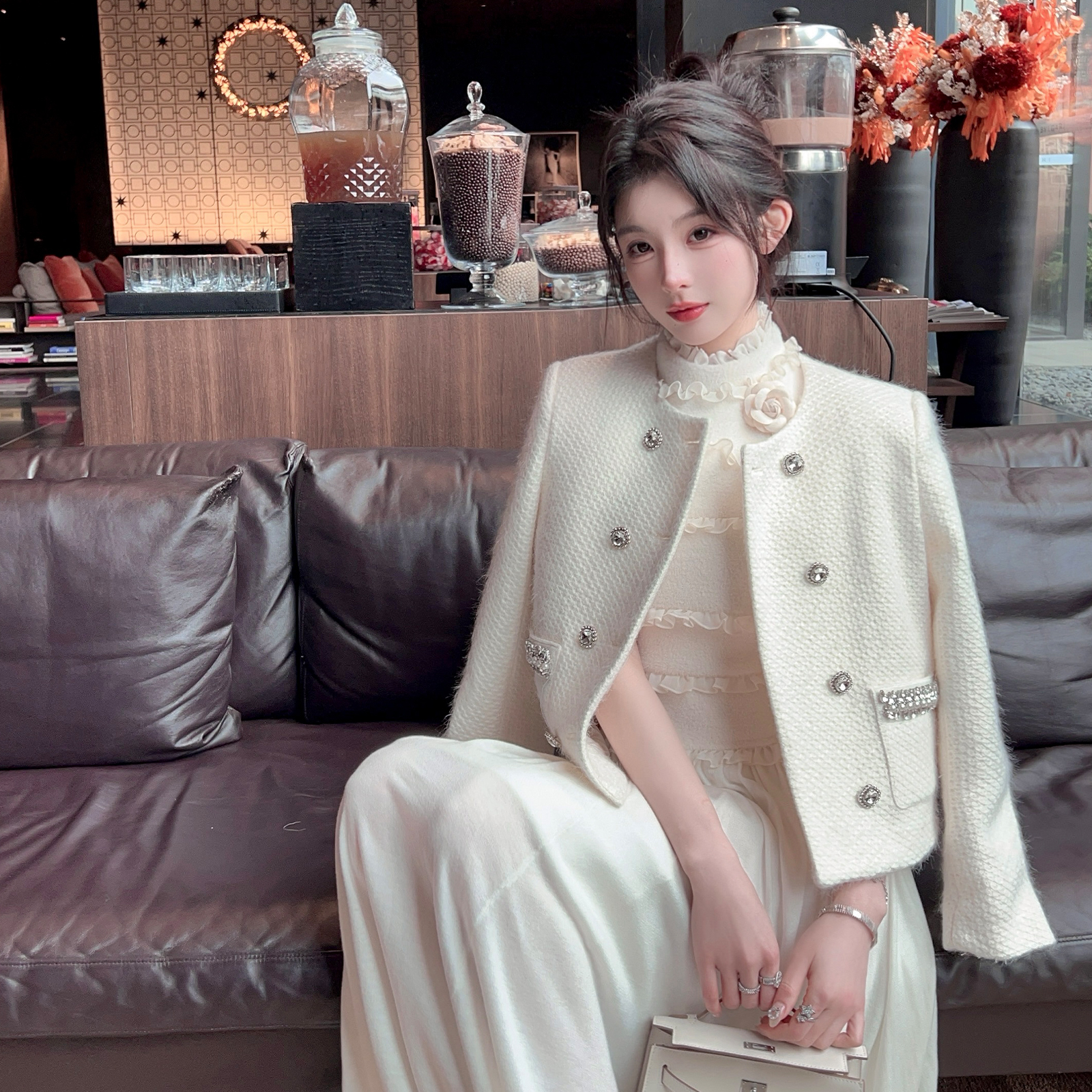 Women's Short Thick Wool Coat with Down Inner Lining - White Knitted Winter Jacket, Cozy Fragrant Design