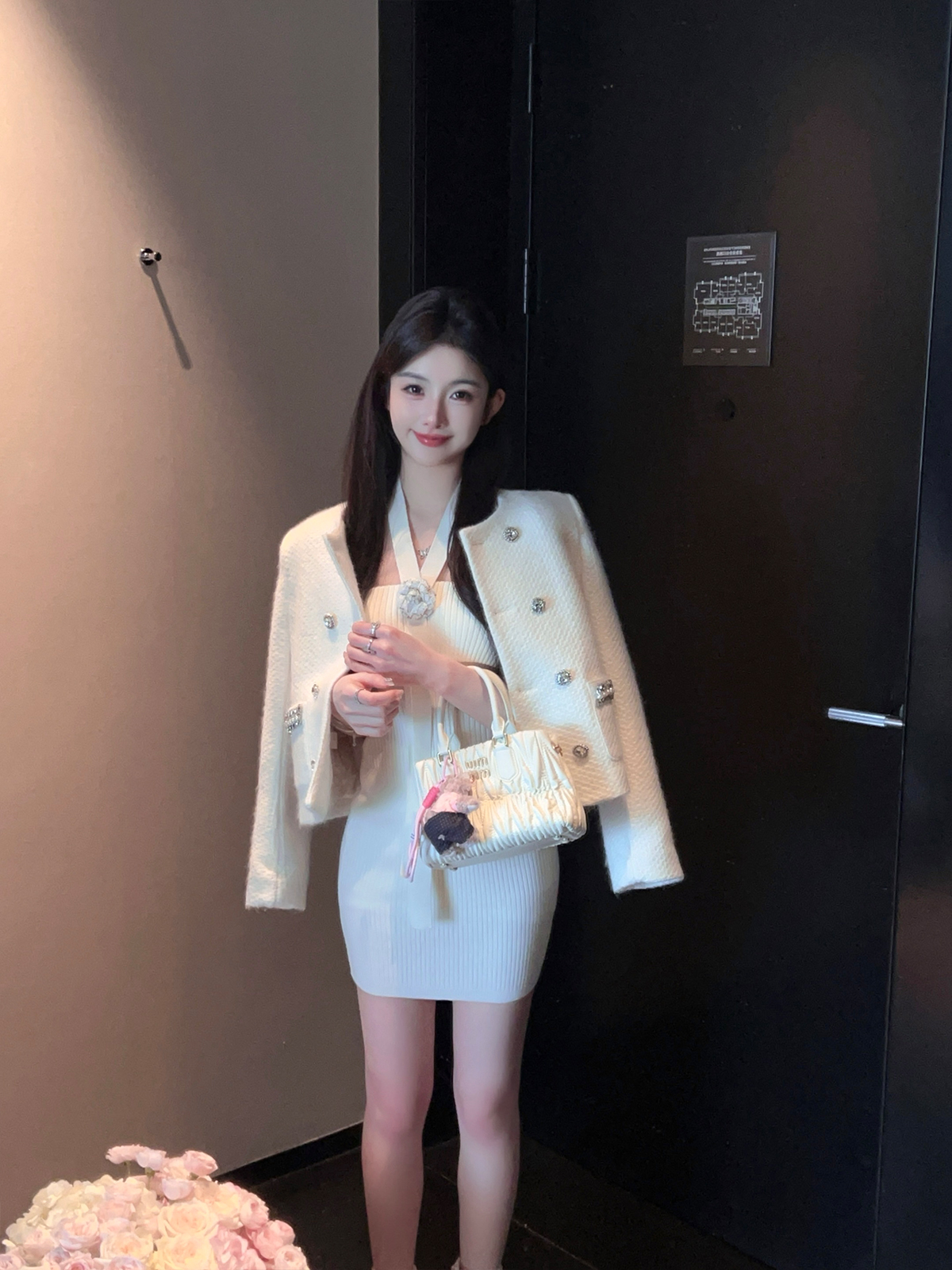 Women's Short Thick Wool Coat with Down Inner Lining - White Knitted Winter Jacket, Cozy Fragrant Design Women's Short Thick Wool Coat with Down Inner Lining - White Knitted Winter Jacket, Cozy Fragrant Design