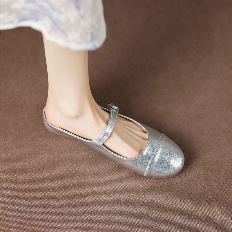 Women's Silver Open-Toe Half Slippers - Vintage French Style Flat Mules, One-Strap Genuine Leather Summer Shoes