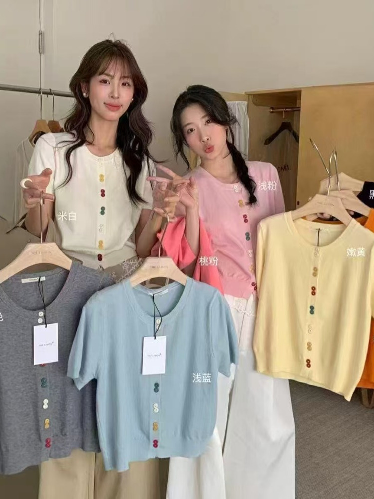 Women's Slim Fit Round Neck Short Sleeve Knitted Cardigan - Stylish Summer T-Shirt Top for a Youthful Look Women's Slim Fit Round Neck Short Sleeve Knitted Cardigan - Stylish Summer T-Shirt Top for a Youthful Look