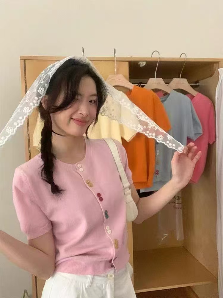 Women's Slim Fit Round Neck Short Sleeve Knitted Cardigan - Stylish Summer T-Shirt Top for a Youthful Look Women's Slim Fit Round Neck Short Sleeve Knitted Cardigan - Stylish Summer T-Shirt Top for a Youthful Look