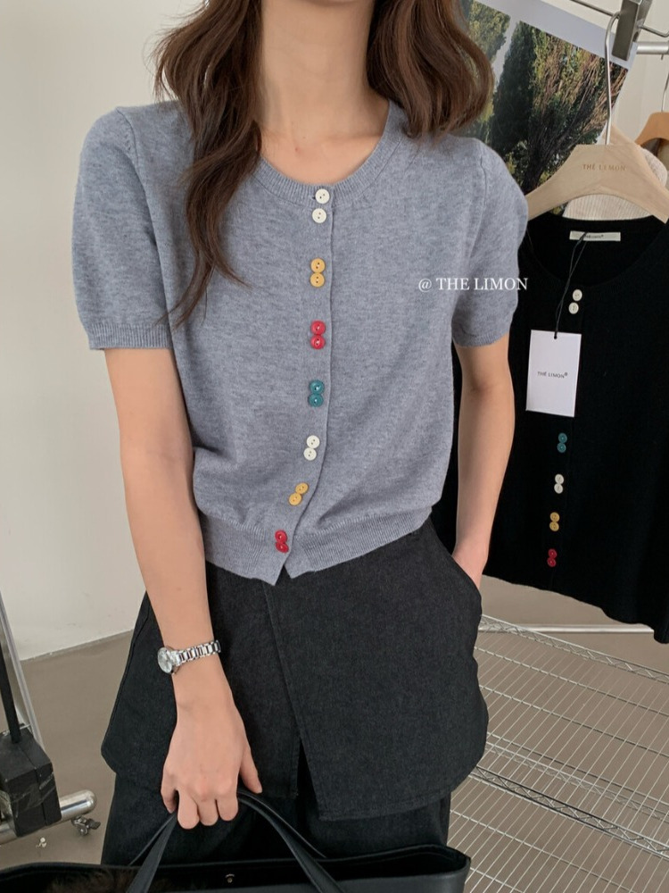 Women's Slim Fit Round Neck Short Sleeve Knitted Cardigan - Stylish Summer T-Shirt Top for a Youthful Look Women's Slim Fit Round Neck Short Sleeve Knitted Cardigan - Stylish Summer T-Shirt Top for a Youthful Look