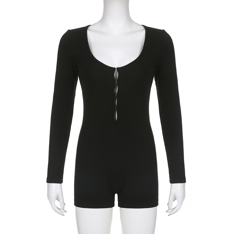 Women's Solid Color Hollow Slim Long Sleeve Jumpsuit - Autumn Fashion, European & American Style