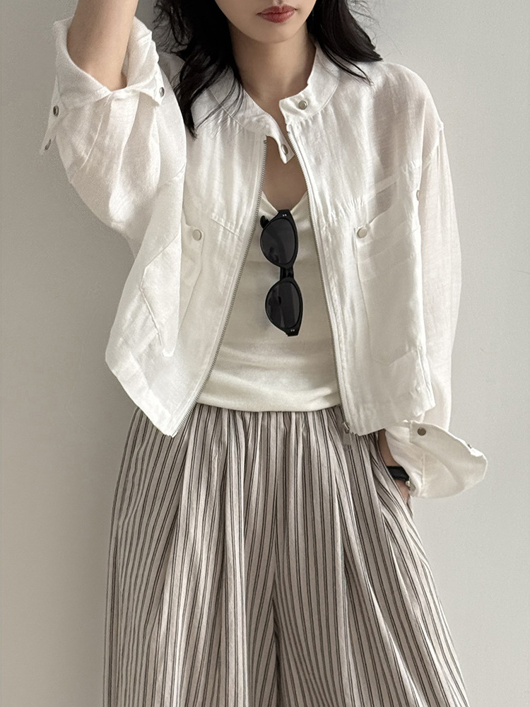 Women's Stand-Up Collar Slimming Work Jacket - Casual Loose Short Summer 2025 Sun Protection Top