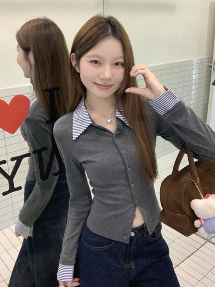 Women's Striped Long Sleeve Polo Collar Cardigan - Fake Two-Piece Design, Slim Fit, Stylish for Autumn & Winter Fashion Women's Striped Long Sleeve Polo Collar Cardigan - Fake Two-Piece Design, Slim Fit, Stylish for Autumn & Winter Fashion