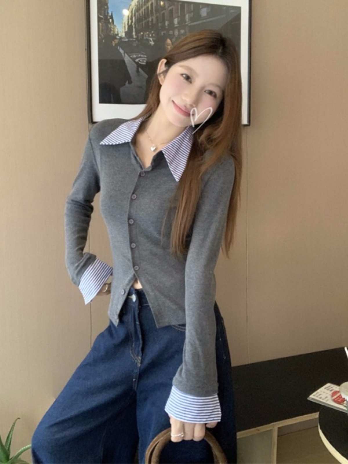 Women's Striped Long Sleeve Polo Collar Cardigan - Fake Two-Piece Design, Slim Fit, Stylish for Autumn & Winter Fashion Women's Striped Long Sleeve Polo Collar Cardigan - Fake Two-Piece Design, Slim Fit, Stylish for Autumn & Winter Fashion