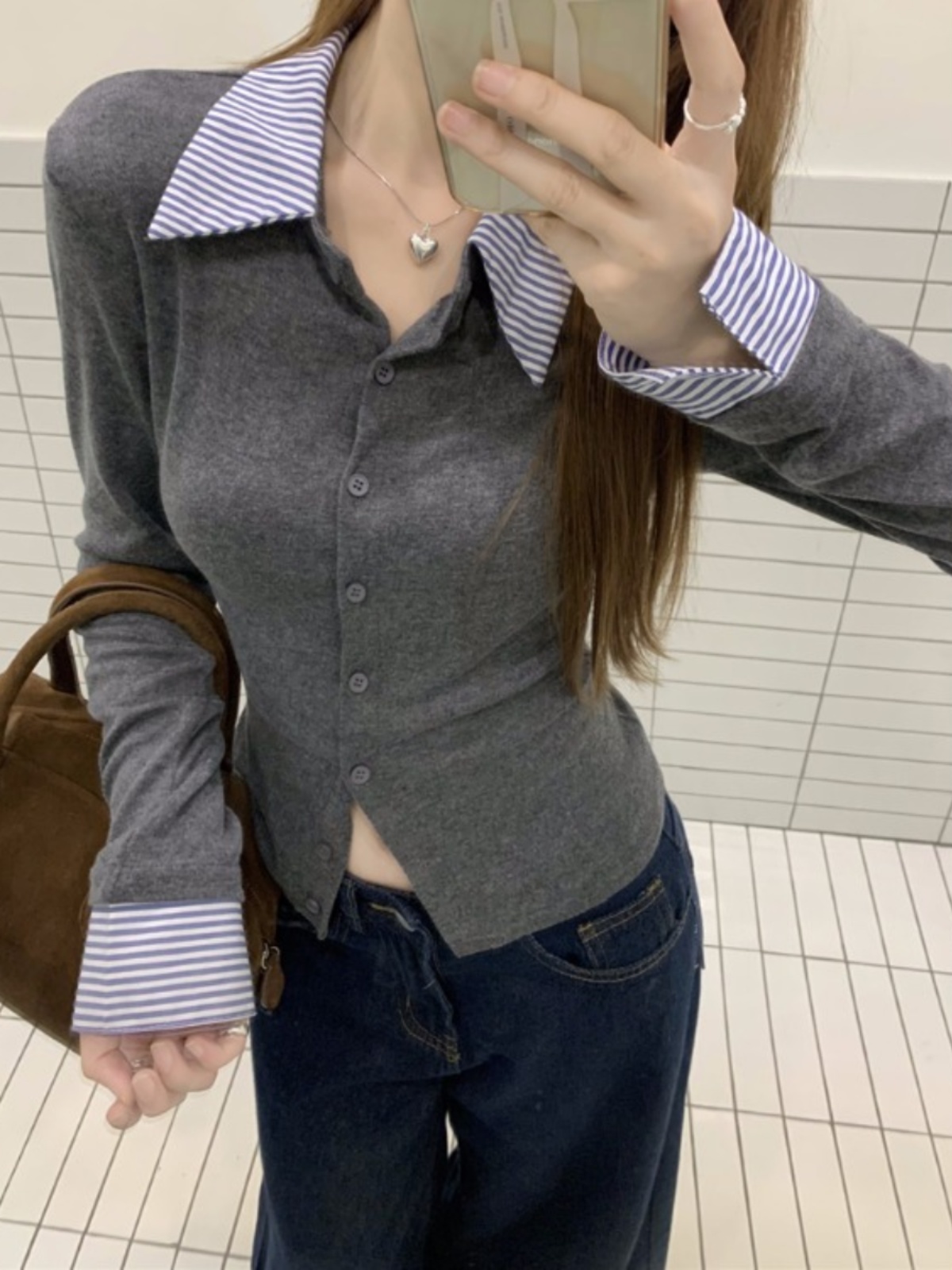 Women's Striped Long Sleeve Polo Collar Cardigan - Fake Two-Piece Design, Slim Fit, Stylish for Autumn & Winter Fashion Women's Striped Long Sleeve Polo Collar Cardigan - Fake Two-Piece Design, Slim Fit, Stylish for Autumn & Winter Fashion