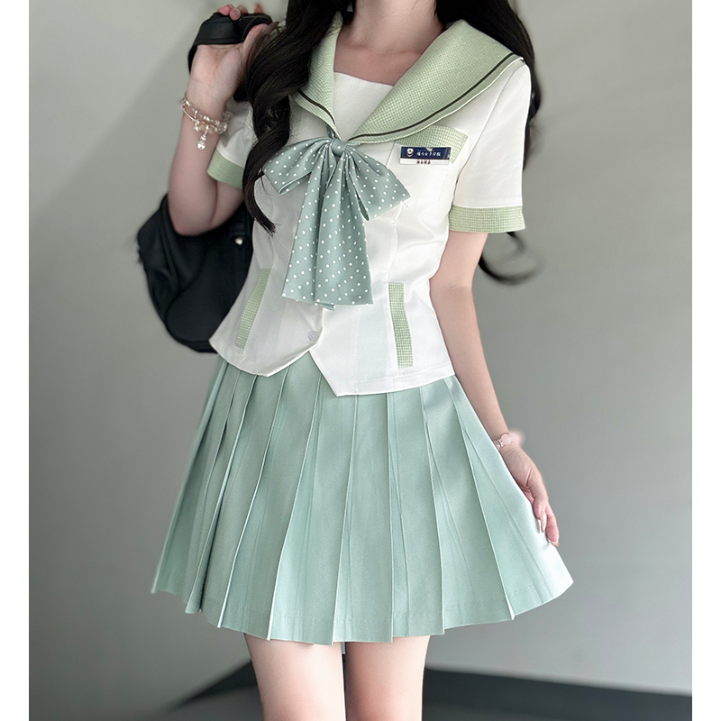 Women's Summer College Style Short Sleeve Plaid Splicing Top with Navy Collar - Pudding Bear Inspired JK Uniform