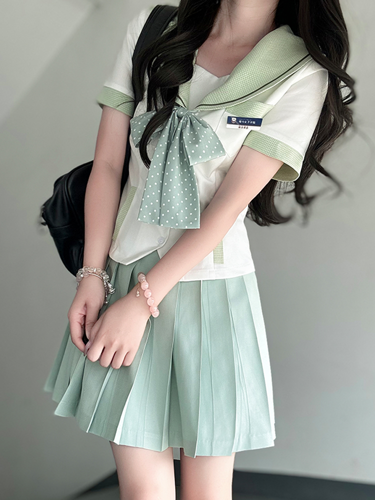 Women's Summer College Style Short Sleeve Plaid Splicing Top with Navy Collar - Pudding Bear Inspired JK Uniform Women's Summer College Style Short Sleeve Plaid Splicing Top with Navy Collar - Pudding Bear Inspired JK Uniform