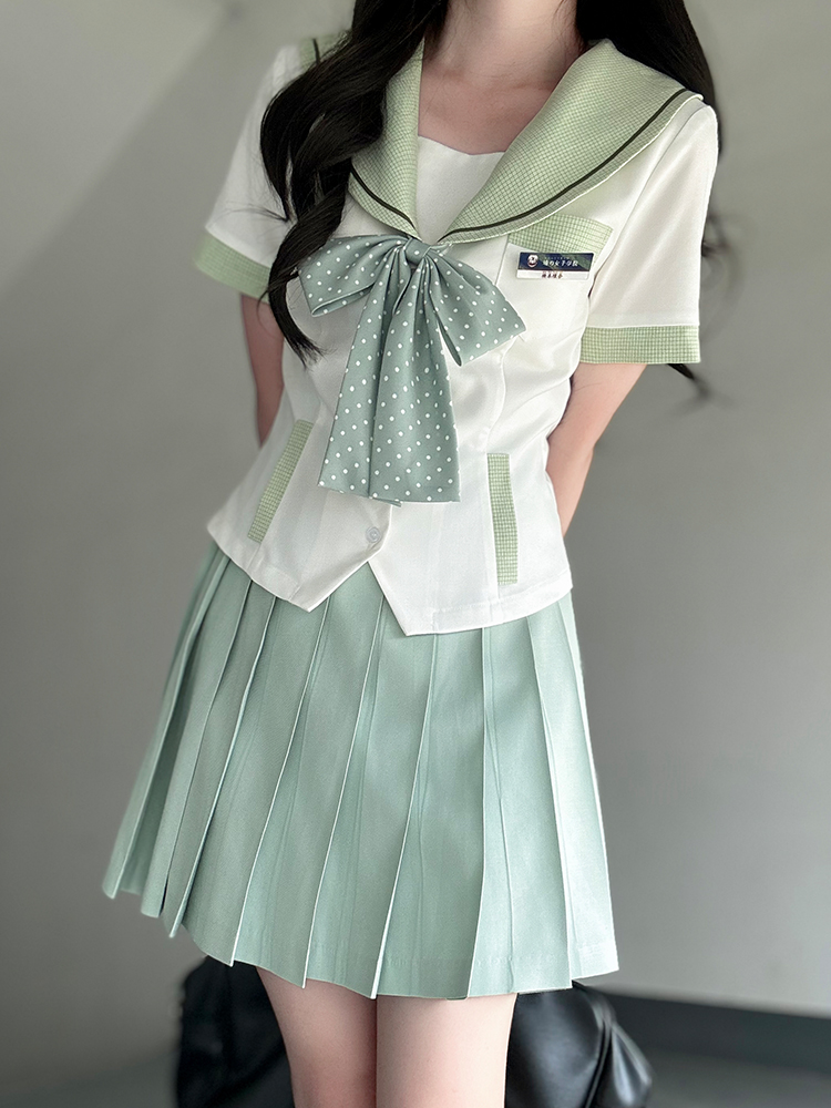 Women's Summer College Style Short Sleeve Plaid Splicing Top with Navy Collar - Pudding Bear Inspired JK Uniform