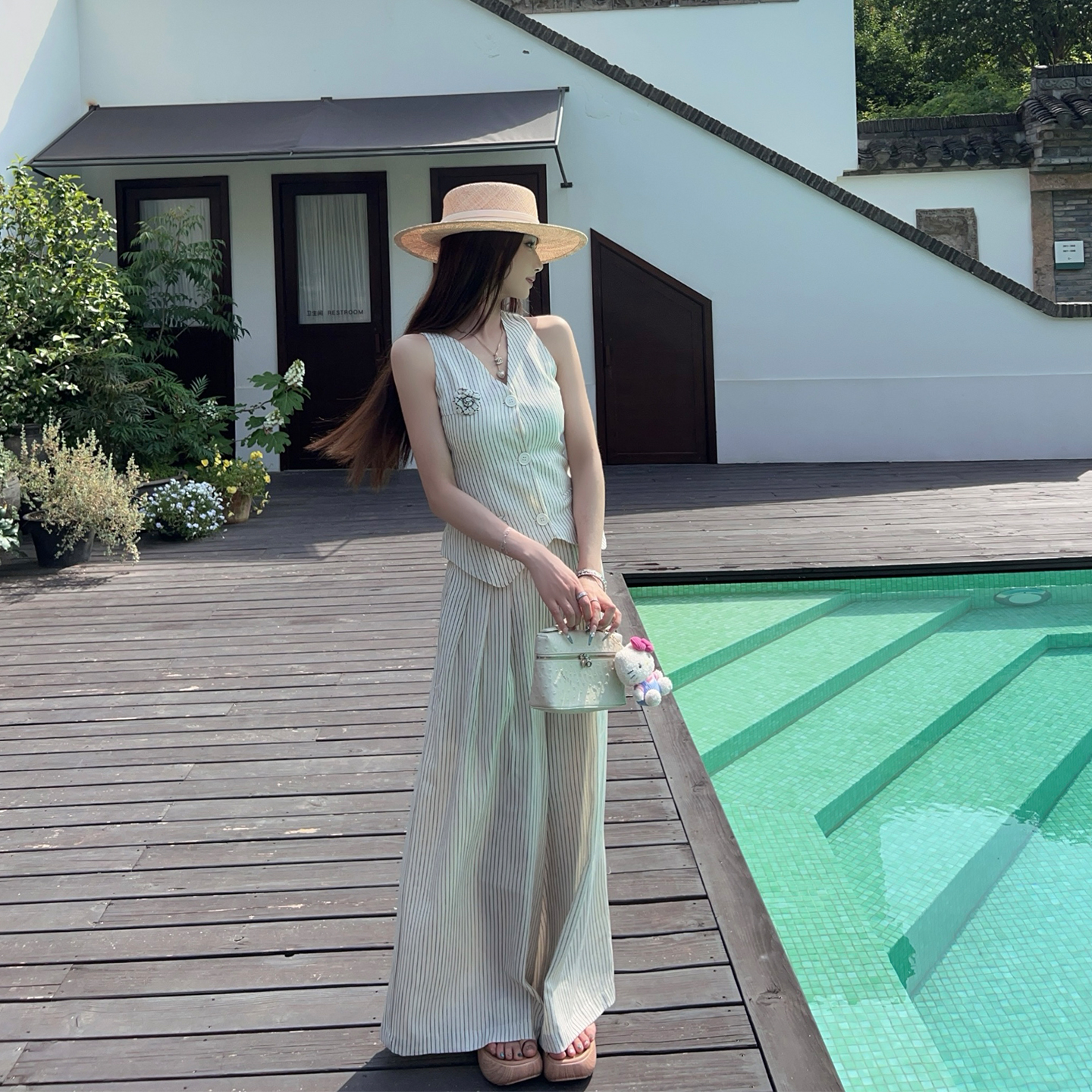 Women's Summer Striped High-Waisted Vest and Wide-Leg Pants Two-Piece Set - Trendy Y2K Style Outfit