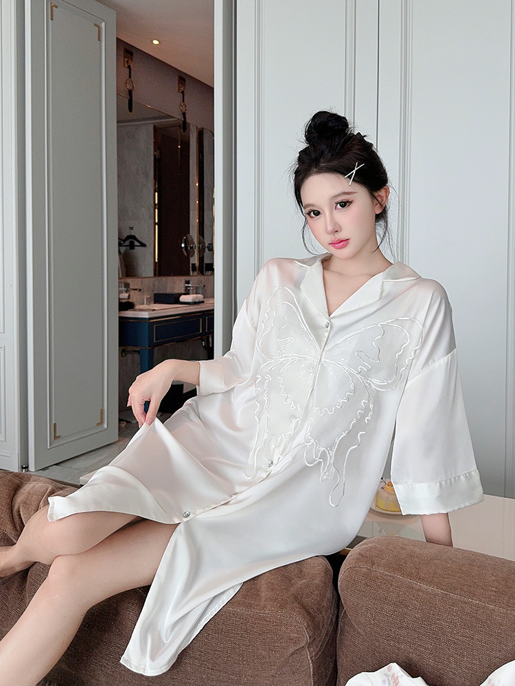 Women's Summer Thin Ice Silk Short Sleeve Nightgown, Lightweight Pajamas for Spring and Autumn, Cool Home Wear, Relaxed Fit Women's Summer Thin Ice Silk Short Sleeve Nightgown, Lightweight Pajamas for Spring and Autumn, Cool Home Wear, Relaxed Fit