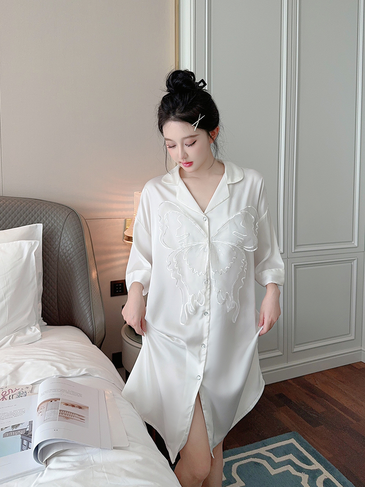 Women's Summer Thin Ice Silk Short Sleeve Nightgown, Lightweight Pajamas for Spring and Autumn, Cool Home Wear, Relaxed Fit Women's Summer Thin Ice Silk Short Sleeve Nightgown, Lightweight Pajamas for Spring and Autumn, Cool Home Wear, Relaxed Fit