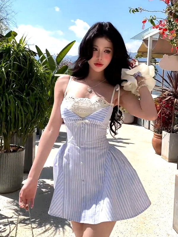 Women's Summer Two-Piece Lace Spliced Striped Camisole Dress - Waist-Cinching, Unique Short Skirt, Trendy Fashion for Stylish Looks Women's Summer Two-Piece Lace Spliced Striped Camisole Dress - Waist-Cinching, Unique Short Skirt, Trendy Fashion for Stylish Looks